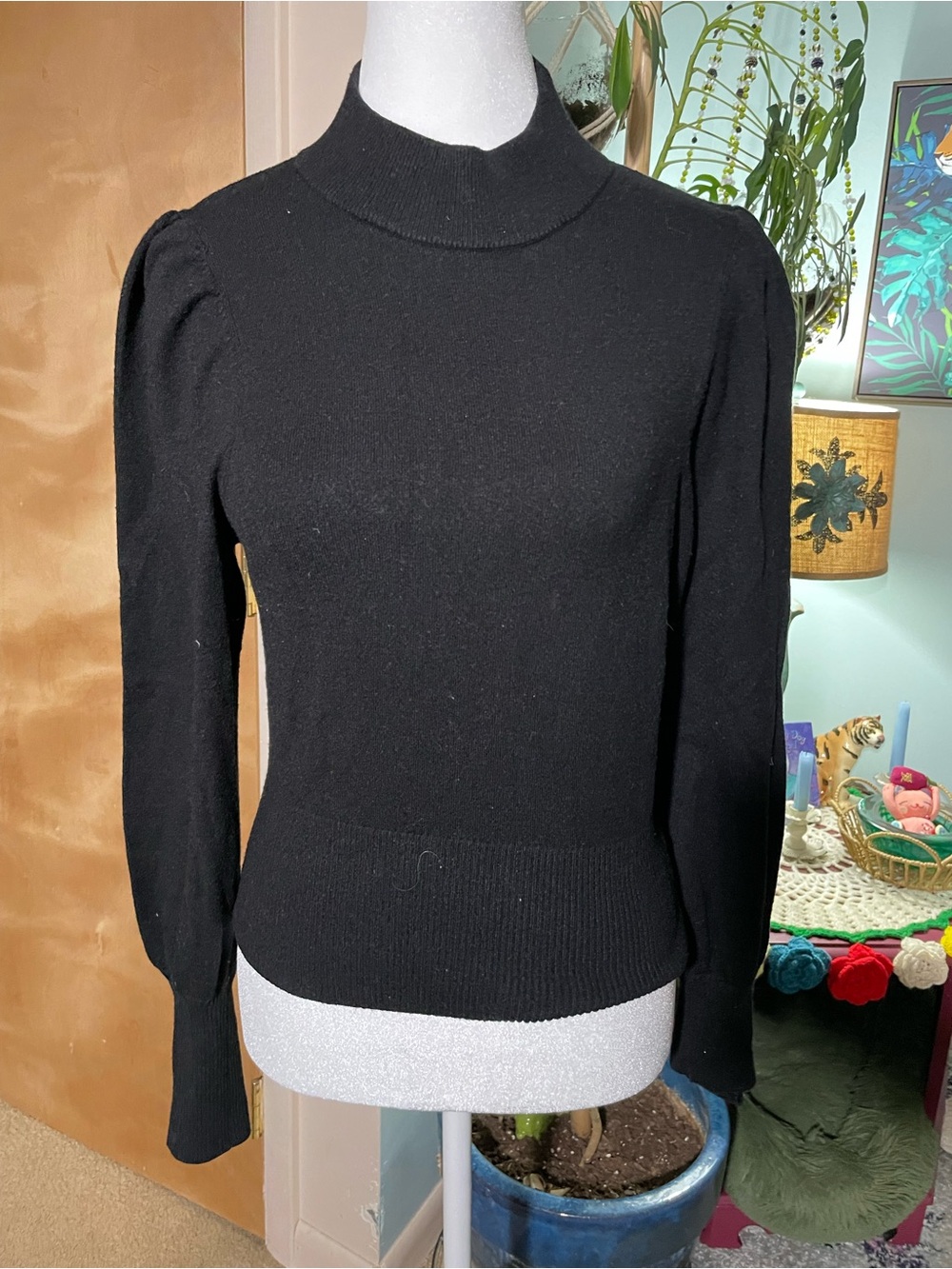 Express Black Mock Neck Sweater with Puff Shoulders